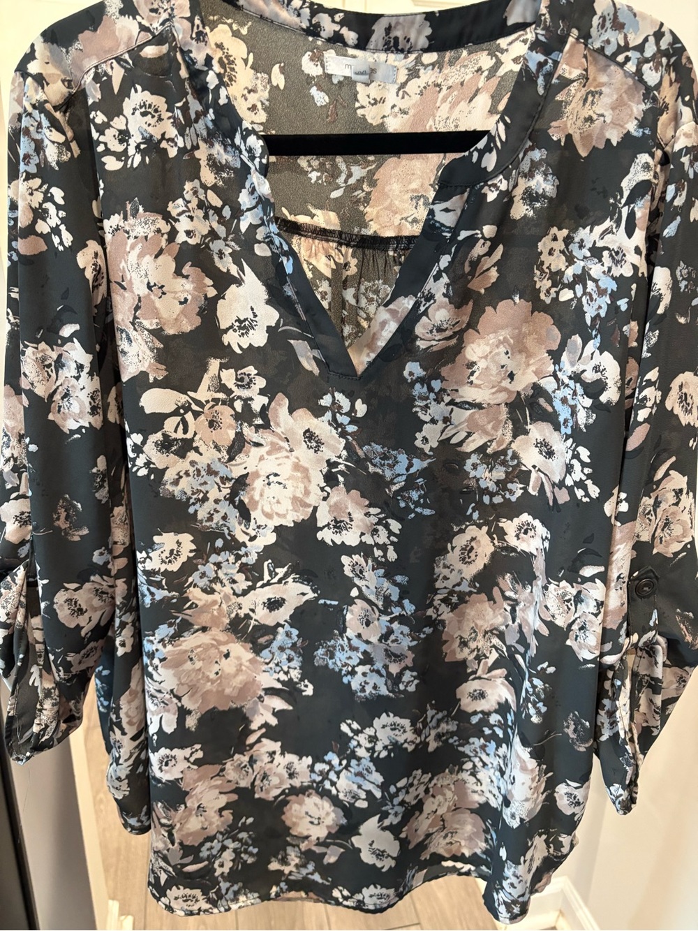Maurices Floral V-Neck Blouse in Charcoal, Blush, Light Blue
